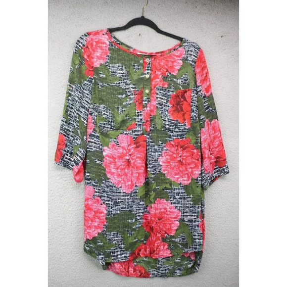 Fig & Flower Floral 3/4 Sleeve Silky Tunic-Side Slits-Size 1X-Hi-Lo - Picture 1 of 7